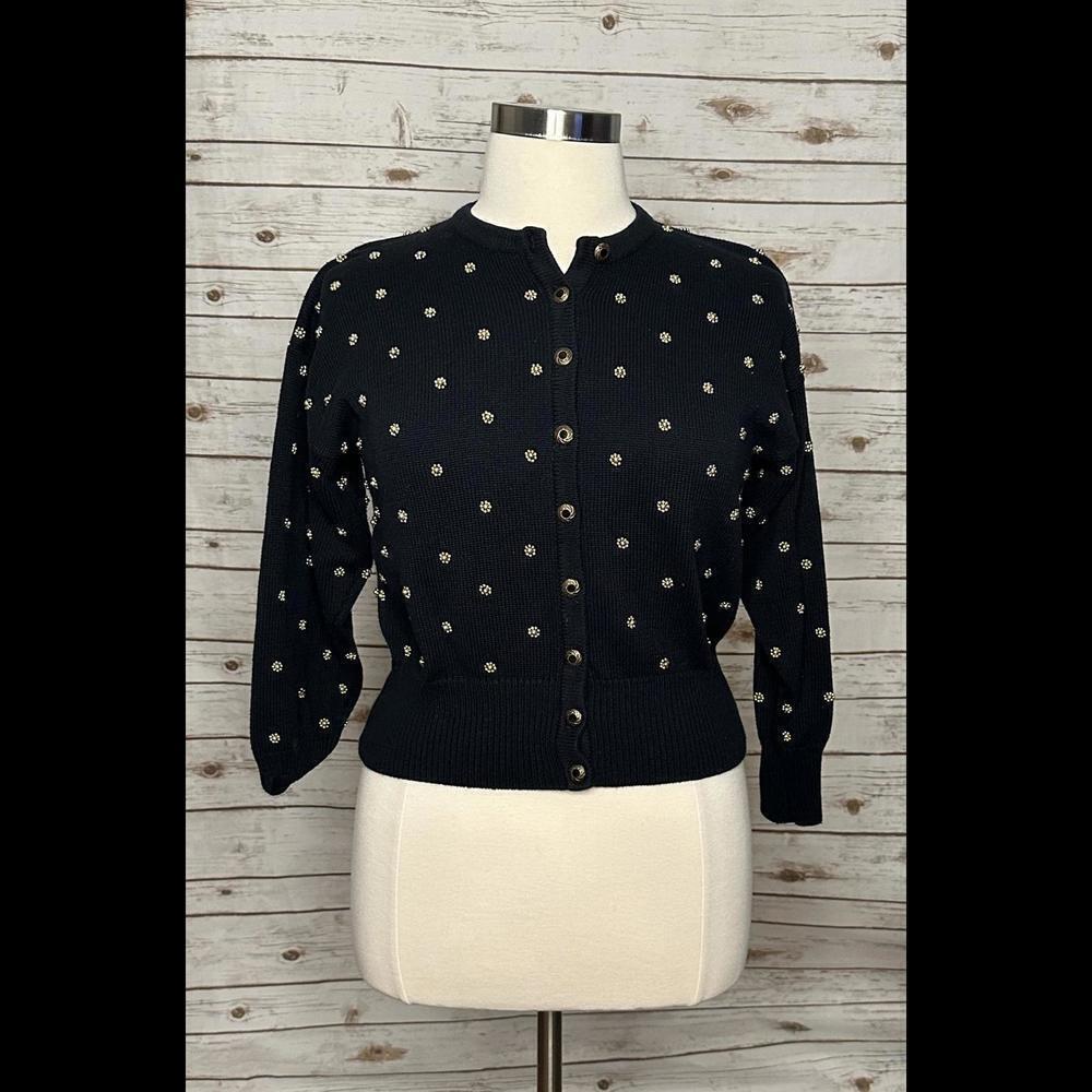 Vtg Marissa Christina Classic navy blue gold beading cardigan sweater Size Large